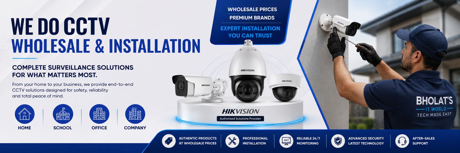 CCTV wholesale and installation — complete surveillance solutions for home, school, office, and business. Authorised Hikvision solutions provider, expert installation you can trust.