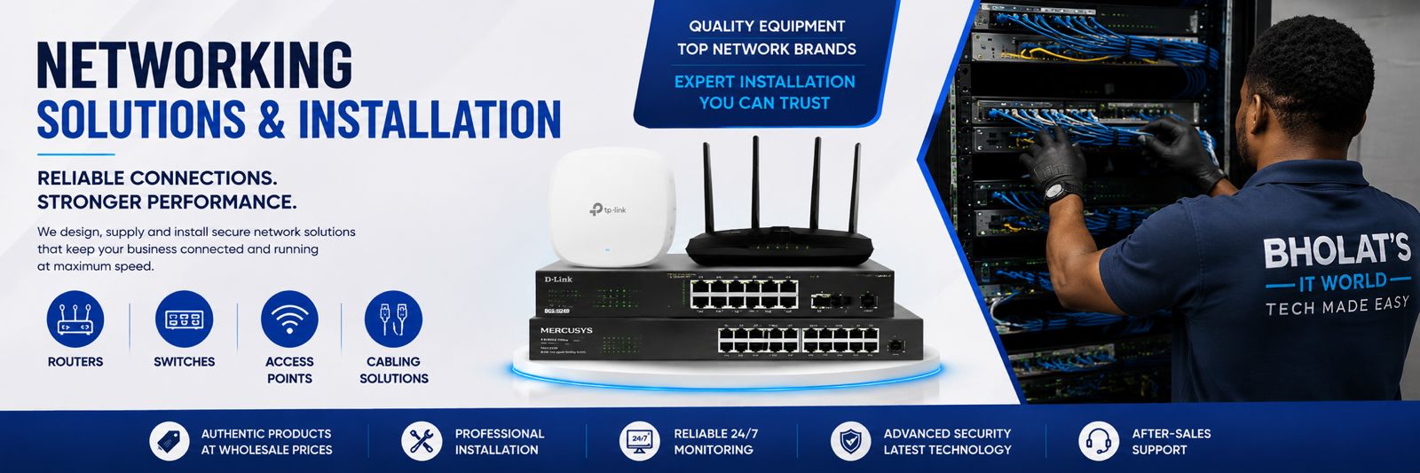 Networking Solutions & Installation — quality equipment, top network brands, expert installation you can trust. Routers, switches, access points, cabling solutions.