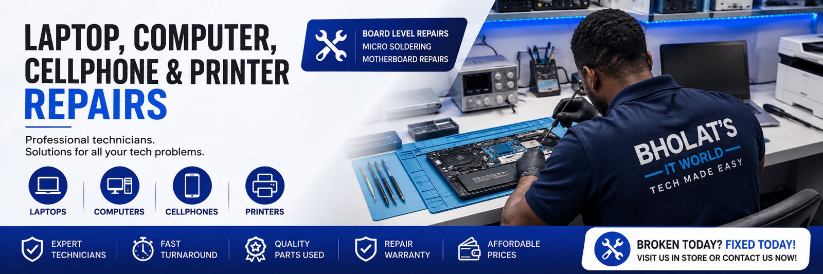 Laptop, Computer, Cellphone & Printer Repairs — professional technicians, solutions for all your tech problems. Board-level repairs, micro soldering, motherboard repairs.