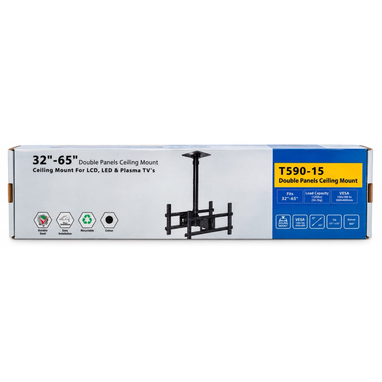 T590-15 Double Panel Ceiling TV Mount for 32–65 Inch TVs – Adjustable, Tilt & Swivel, 68.2kg Load Capacity - Image 3