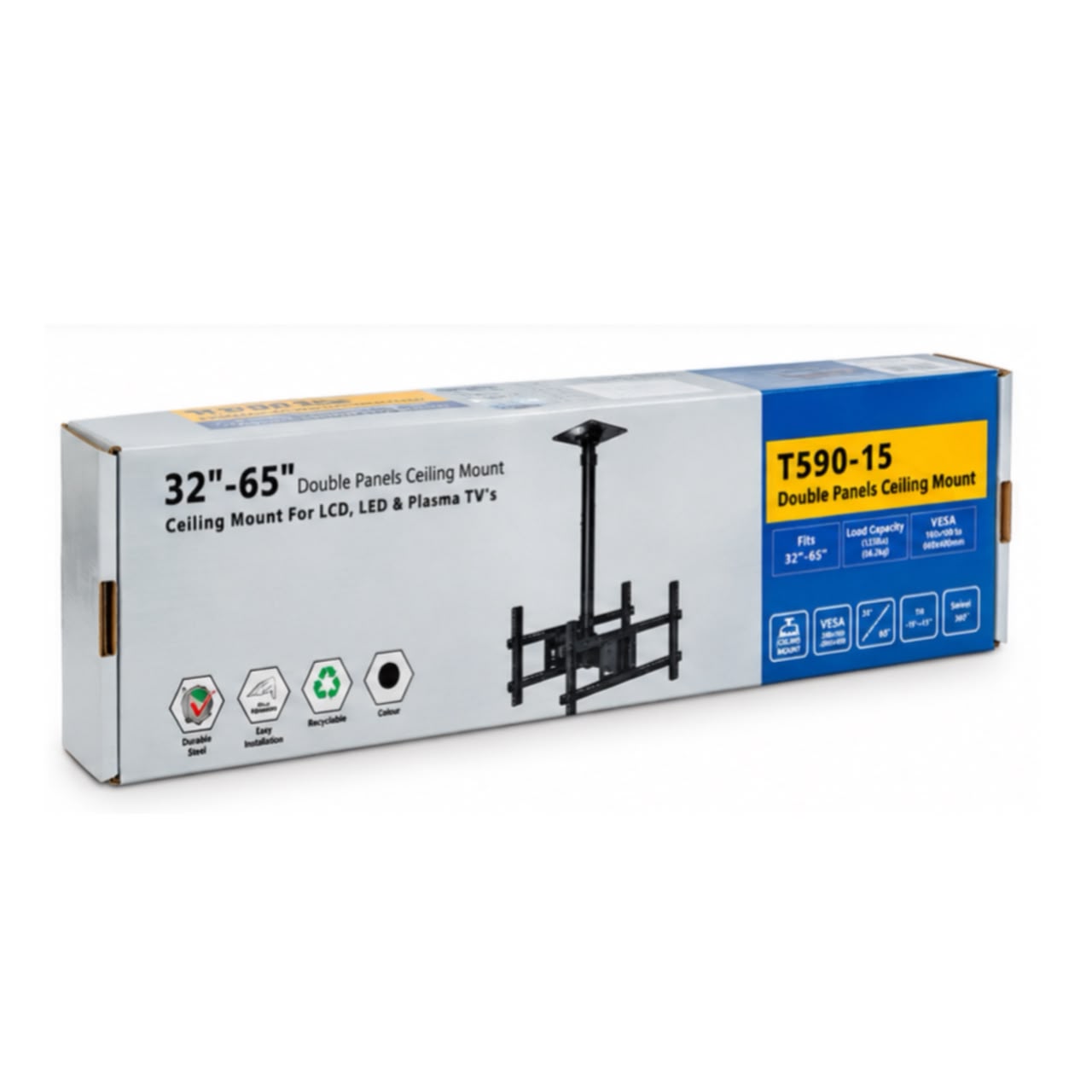 T590-15 Double Panel Ceiling TV Mount for 32–65 Inch TVs – Adjustable, Tilt & Swivel, 68.2kg Load Capacity