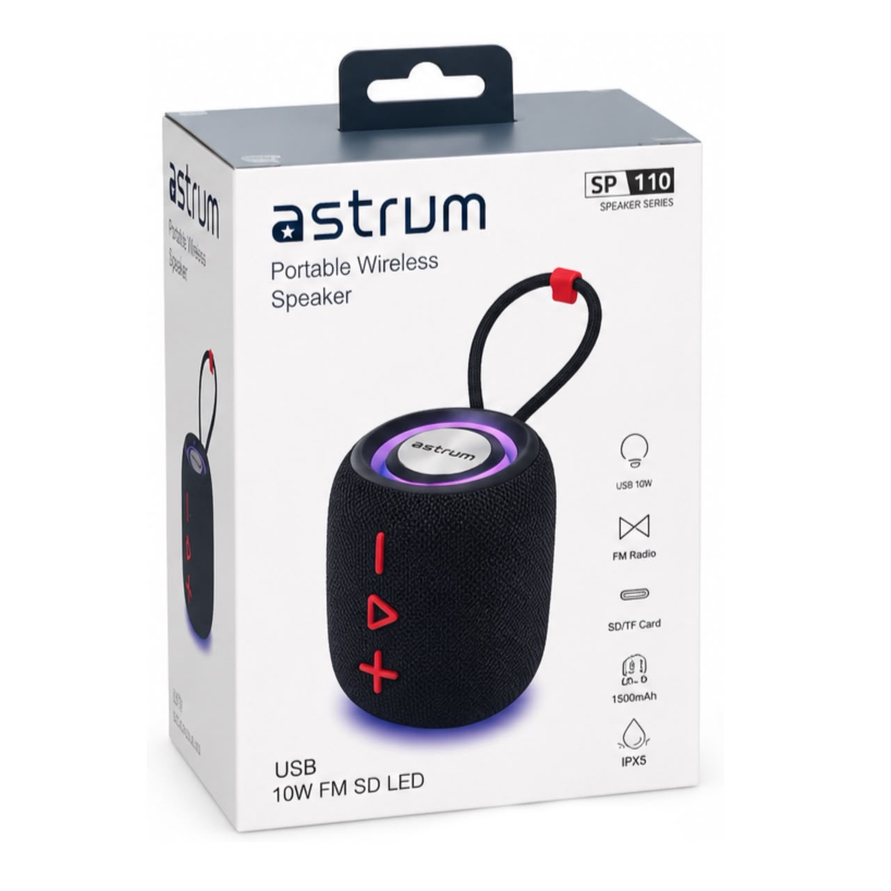 Astrum SP110 10W Portable Wireless Bluetooth Speaker with RGB LED Lighting, FM Radio, USB, TF Card Support & IPX5 Water Resistance – Black