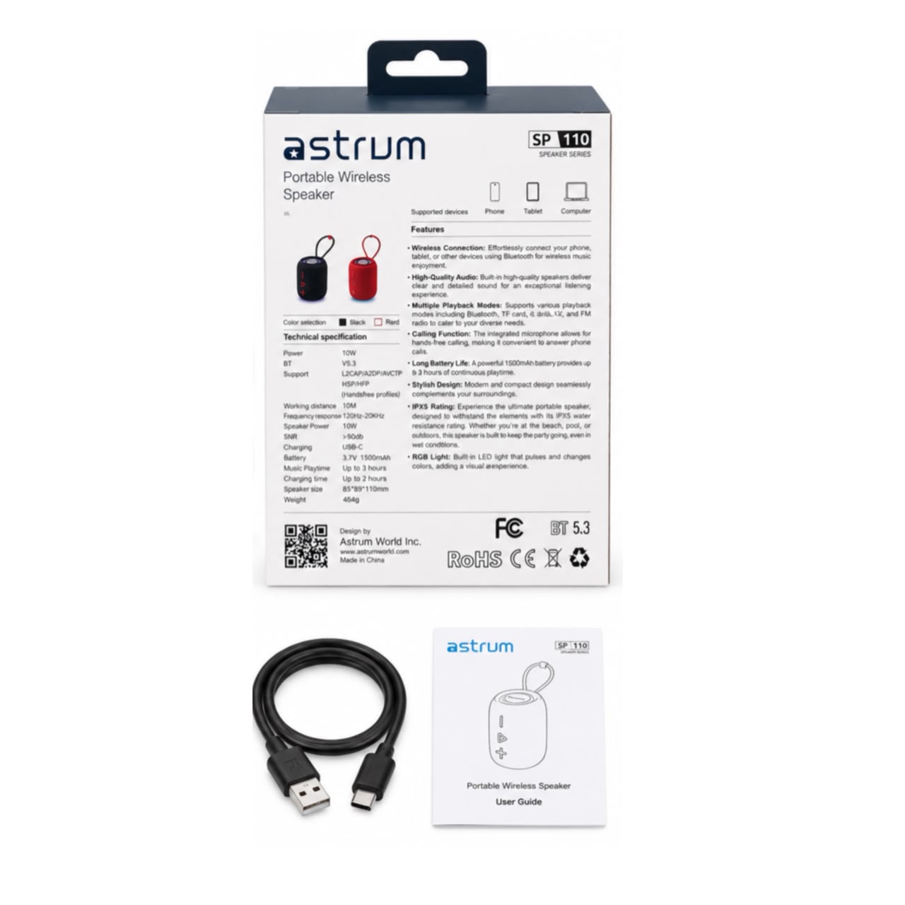Astrum SP110 10W Portable Wireless Bluetooth Speaker with RGB LED Lighting, FM Radio, USB, TF Card Support & IPX5 Water Resistance – Black - Image 3